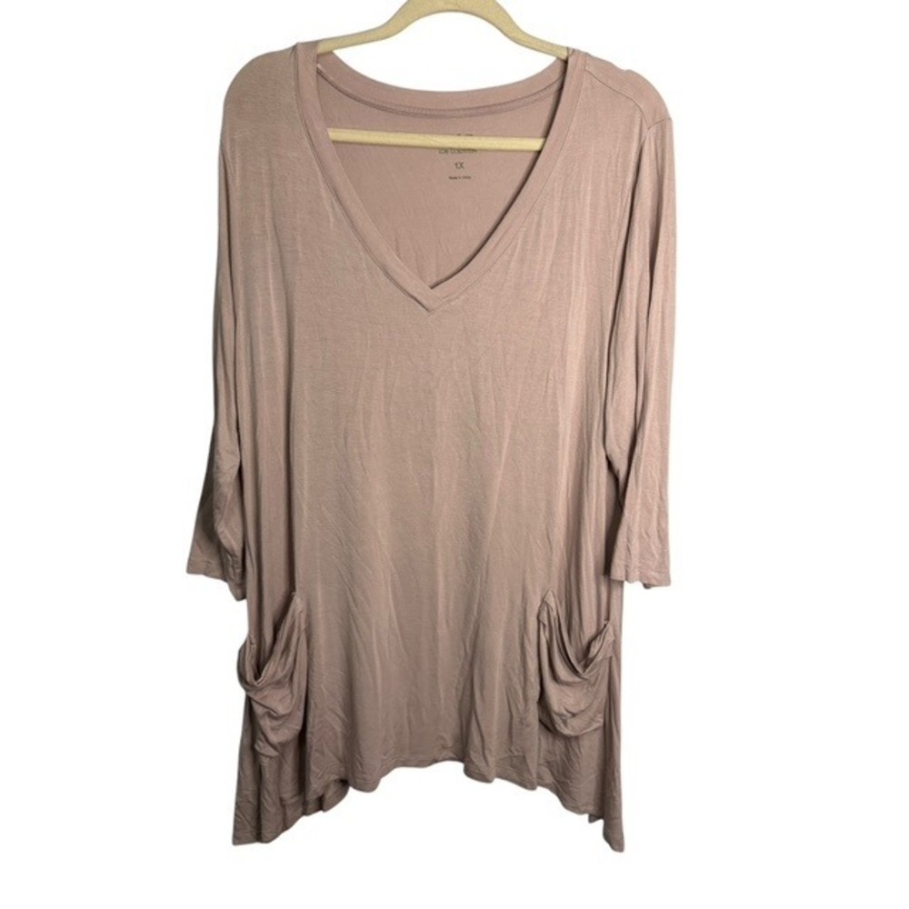 LOGO Lori Goldstein Tunic Women's 1X Blouse V-Neck Relaxed Fit Light Pink